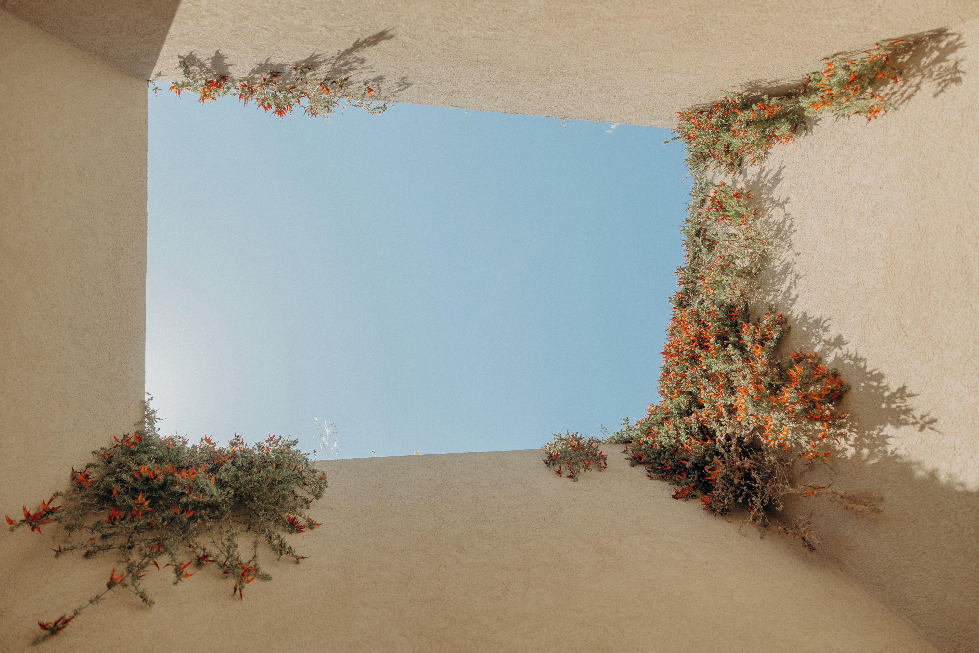 A corner of a building with a clear blue sky visible through a window.