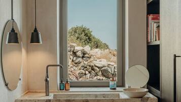 Junior Residence with Private Heated Plunge Pool and Sea View | Bathroom | Shower, rainfall showerhead, designer toiletries, hair dryer