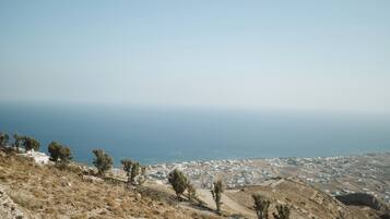 A coastal landscape with a view of a town below.