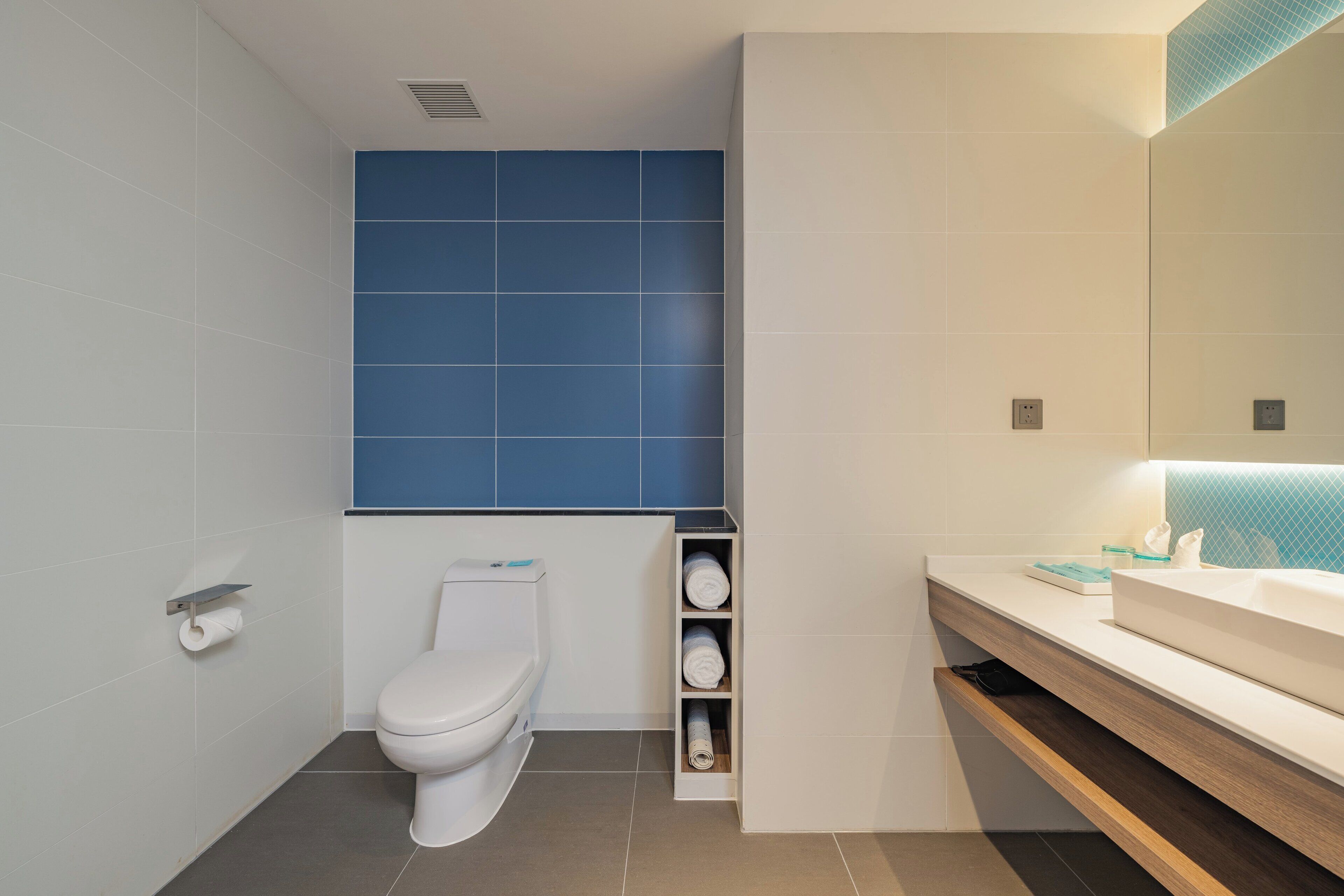 A modern bathroom with a toilet, a sink, and a mirror.