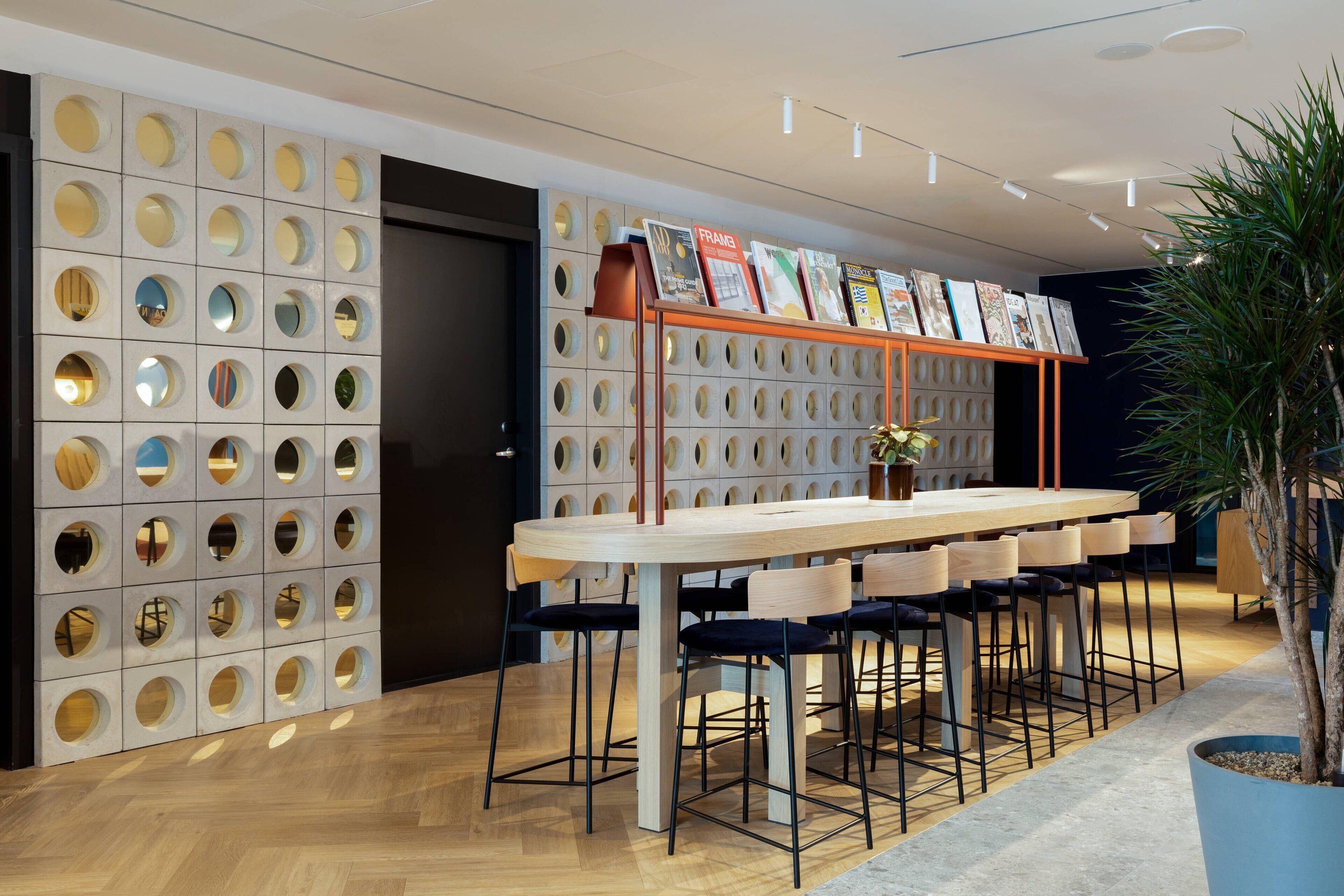 A modern interior with a long wooden table and bar stools, a wall with circular cutouts, and a potted plant.