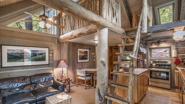 Een rustiek interieur van een chalet met een leren bank, een houten eettafel en een keuken met moderne apparatuur.
