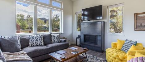 Flat-screen TV, fireplace