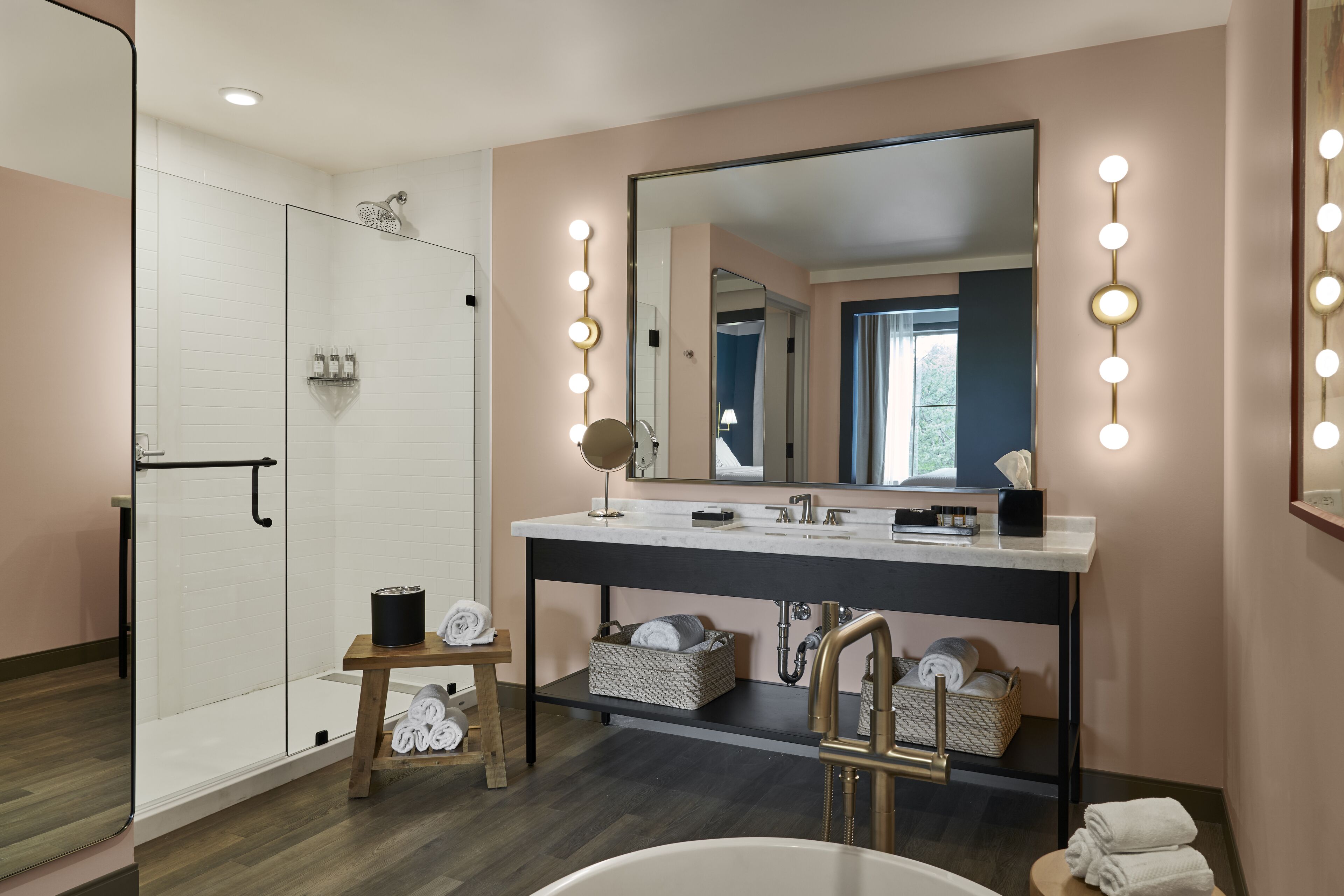 shower, rainfall showerhead, hair dryer, towels