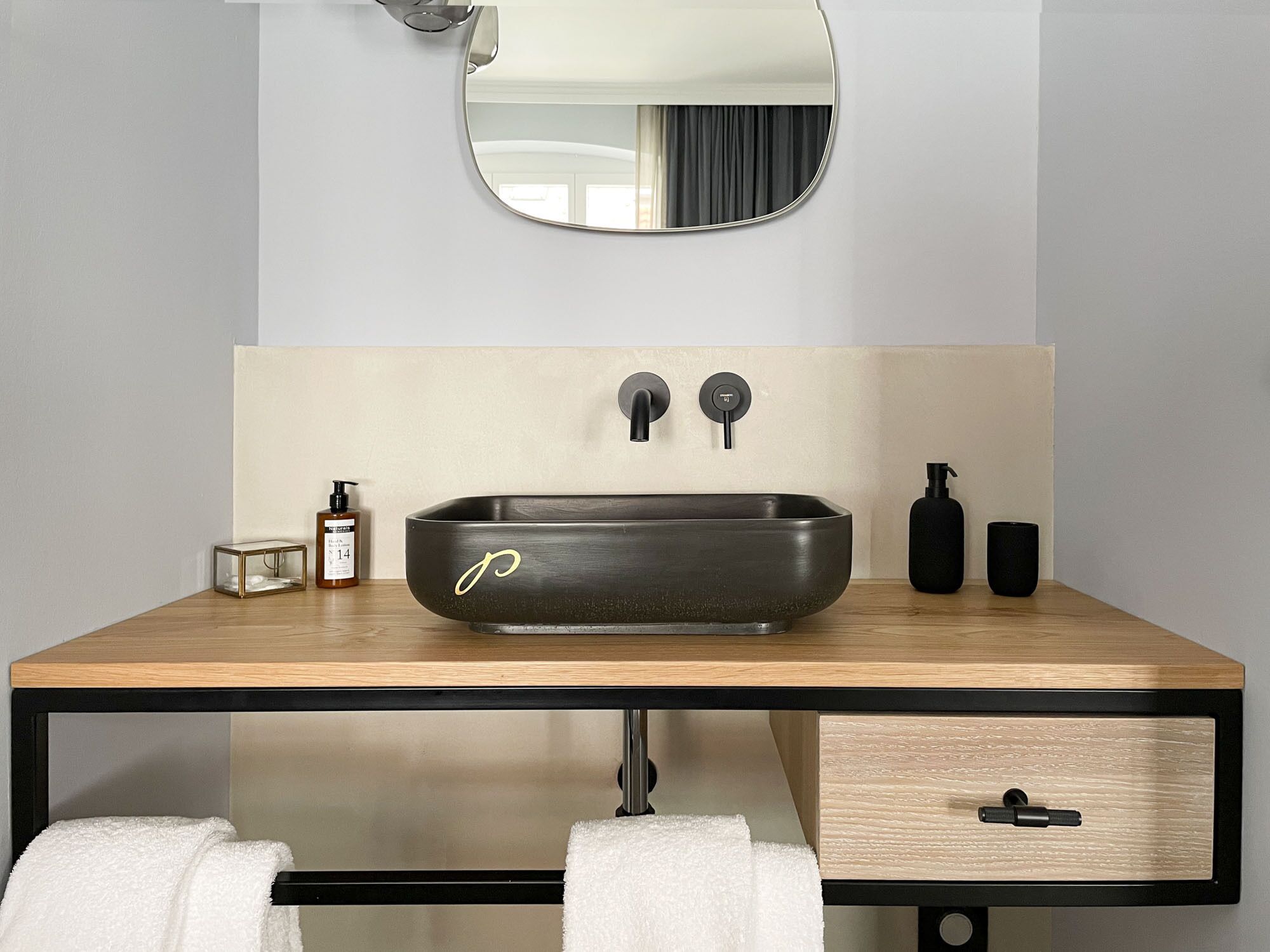 basic room | bathroom | shower, rainfall showerhead, eco-friendly toiletries, towels