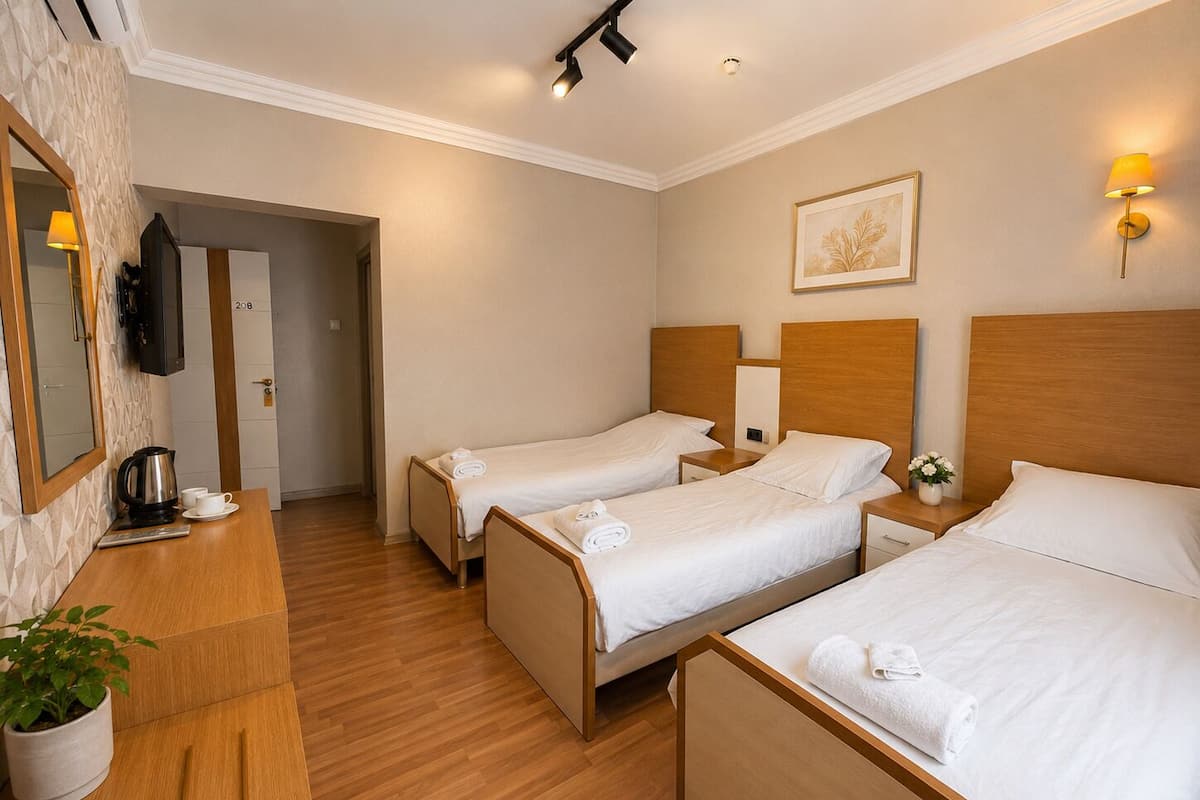 A hotel room with three single beds, a wooden desk with a kettle and cups, a potted plant, and a framed artwork on the wall.