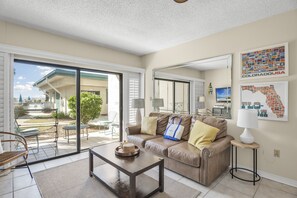 Flat-screen TV, books, video library