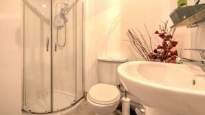 A bathroom with a glass-enclosed shower, a toilet, and a sink with a mirror.