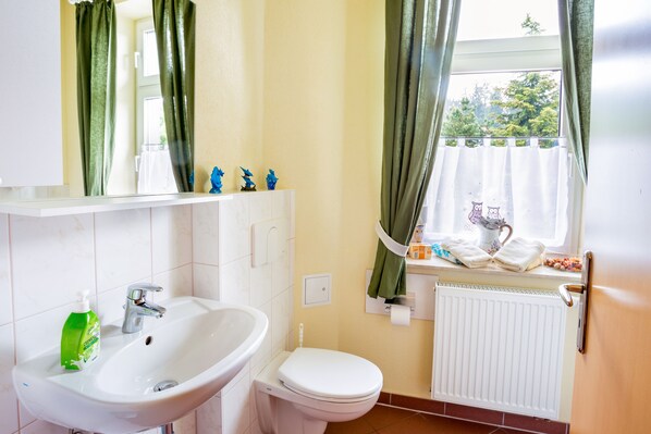 A bathroom with a sink, toilet, and window with curtains.