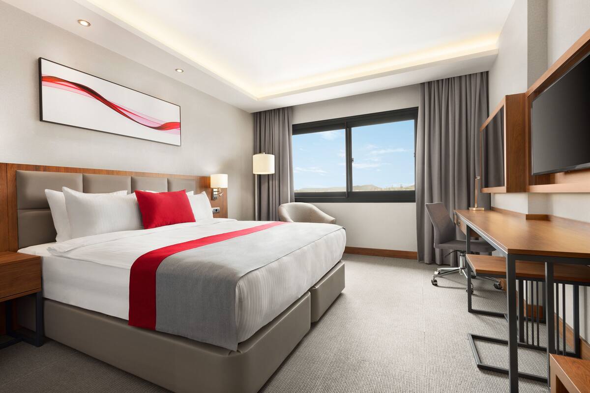 Una habitación de hotel moderna con una cama grande, un escritorio, una silla, un televisor y una ventana con vistas.
