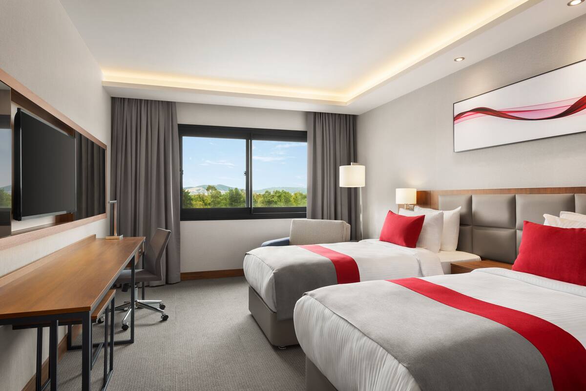 Habitación de hotel con dos camas, un escritorio, un televisor y una ventana con vistas.