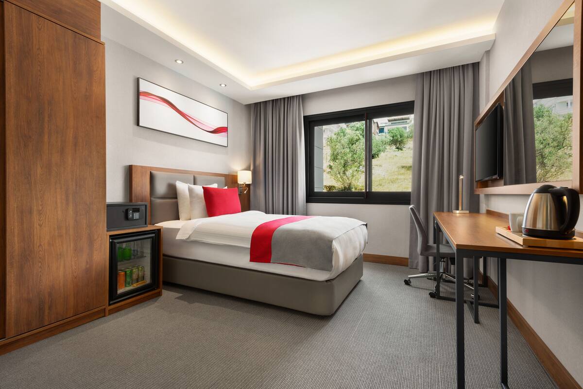 Una habitación de hotel moderna con una cama, un escritorio, una cafetera, un refrigerador pequeño y un televisor.