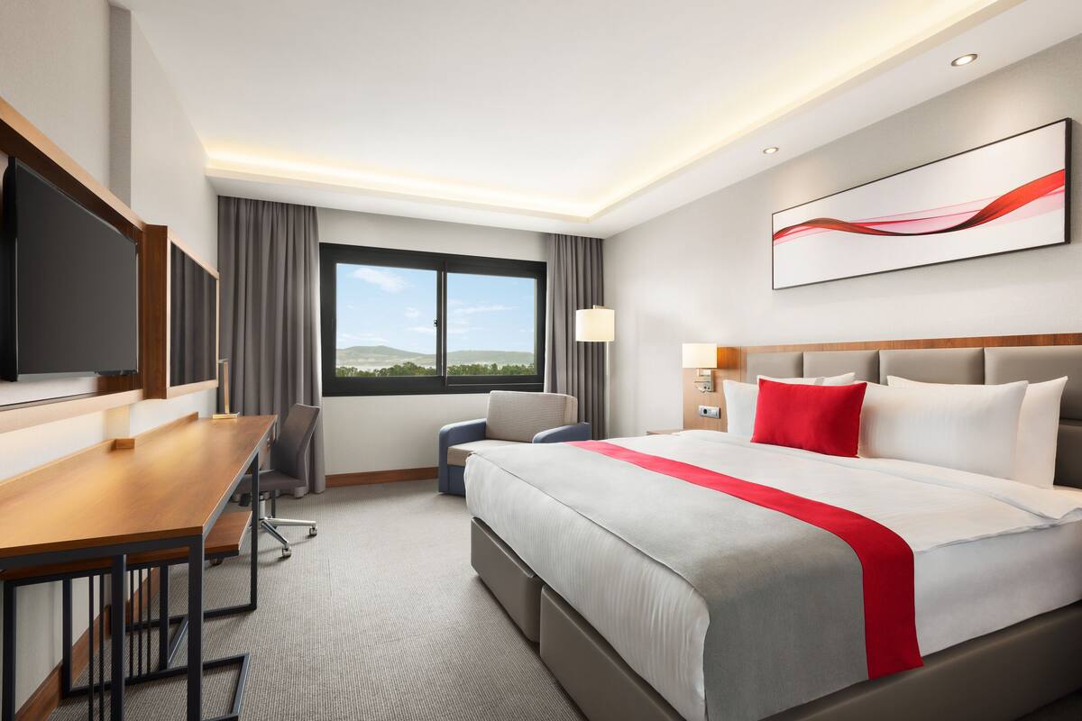 Habitación de hotel con cama, escritorio, silla, televisor, ventana y vistas al exterior.