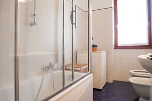Combined shower/bathtub, hair dryer, bidet, towels