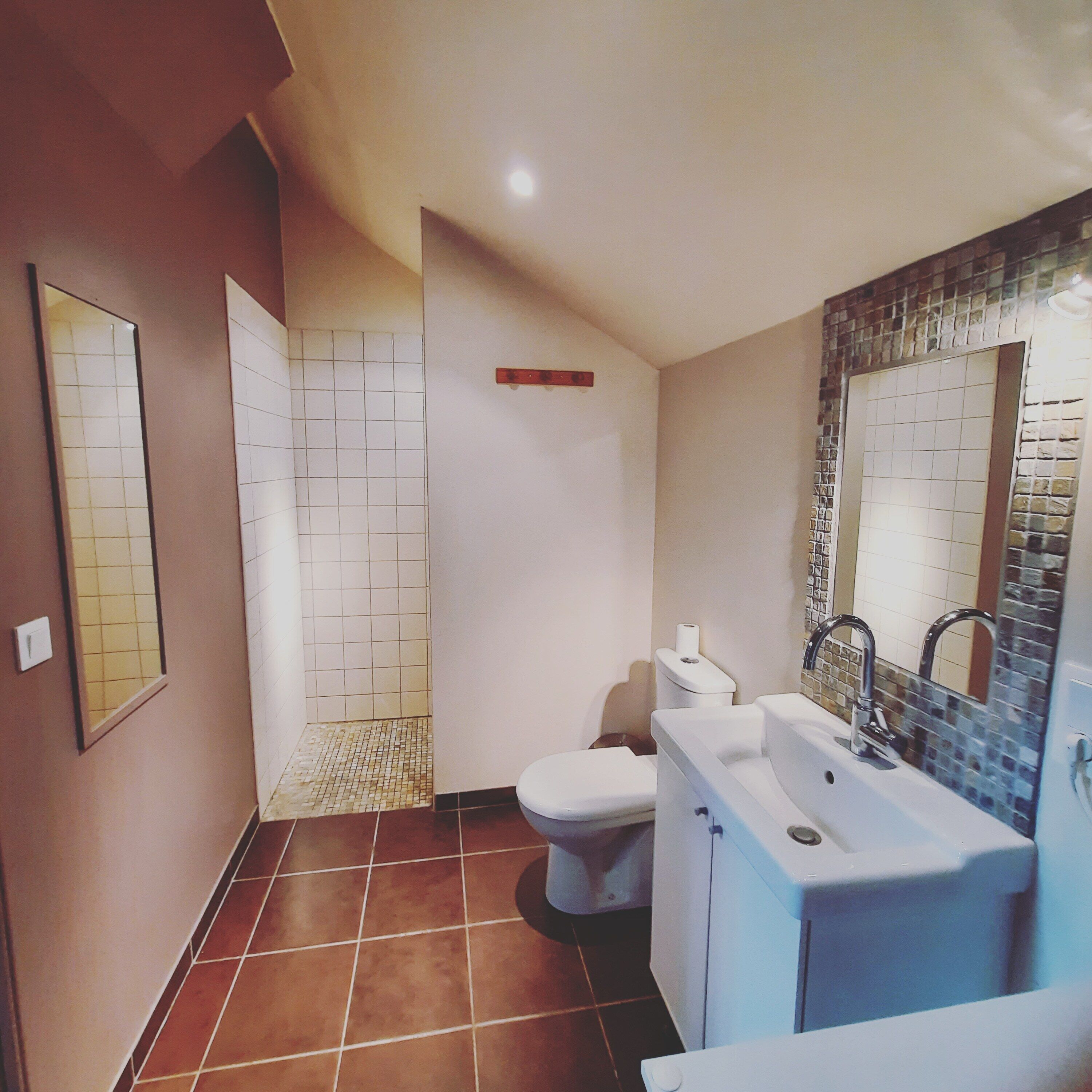 Et badeværelse med toilet, håndvask og bruseområde.