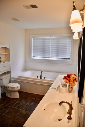 Combined shower/bathtub, jetted bath, hair dryer, towels