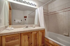 Combined shower/tub, hair dryer, shampoo