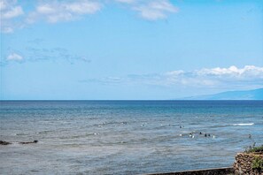 A coastal scene with a rocky shoreline and a clear sky.