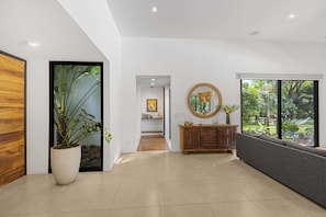 A modern interior with a large potted plant, a wooden cabinet, and a view through a glass door.