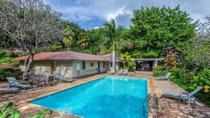 A swimming pool with lounge chairs, a covered seating area, and lush greenery.
