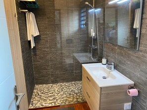 Shower, hair dryer, towels, toilet paper
