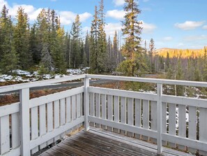Terraza de madera con baranda blanca que da a un área boscosa con parches de nieve.