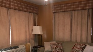 A living room with a sectional sofa, a ceiling fan, a floor lamp, and an air conditioning unit. - Catskills Adventures (Roscoe)