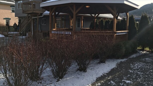 A gazebo with a snow-covered roof, wooden beams, and a sign that reads "Gazebo for B&B Guests Only". - Catskills Adventures (Roscoe)
