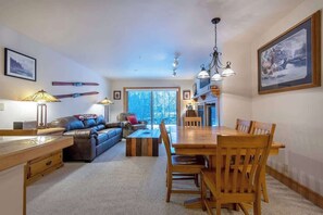 Smart TV, fireplace, books