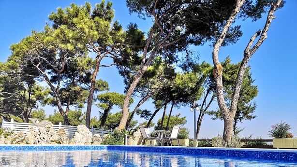A clear blue pool surrounded by trees and a white fence. - Louis Luxury Villa (Rhodes)