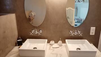 Shower, hair dryer, soap, toilet paper