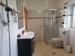 Shower, hair dryer, towels