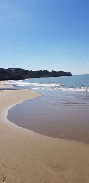 Ein Strand mit einer gewölbten Küstenlinie, ruhigem Wasser und einer felsigen Klippe im Hintergrund.