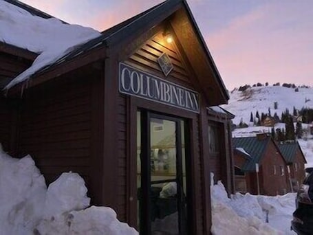 Exterior detail. Ski in/out studio room 105 at Powder Mountain's Columbine Inn. Sleeps 2
