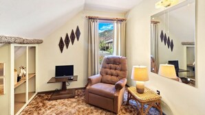 A corner room with a brown leather armchair, a television on a stand, a small table with a lamp, and a large mirror. - Rustic Cabin | Great Views | Close to Downtown Ouray | STR2025-067 (Ridgway)