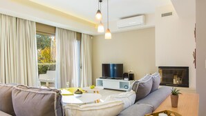 Een moderne woonkamer met een bank, een salontafel, een televisie en een open haard.