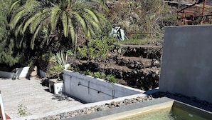 Una piscina trasparente con bordo in pietra, circondata da un giardino curato con palme e vista su un paesaggio montuoso.