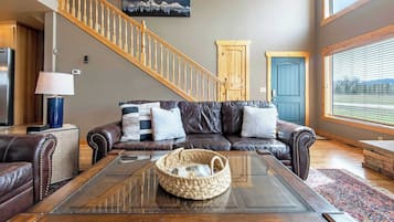 Älytelevisio, takka, kirjoja, työhuone