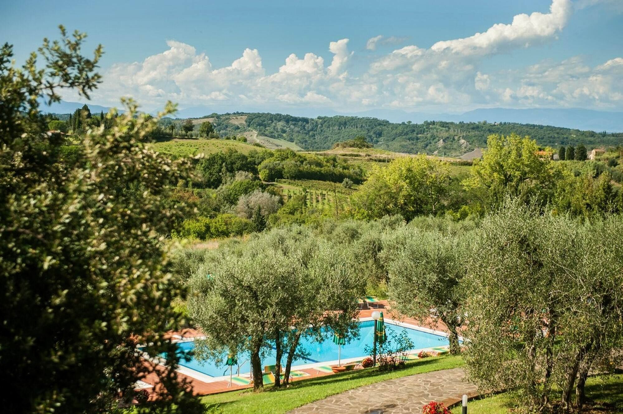 A pool surrounded by lush greenery and hills in the background.