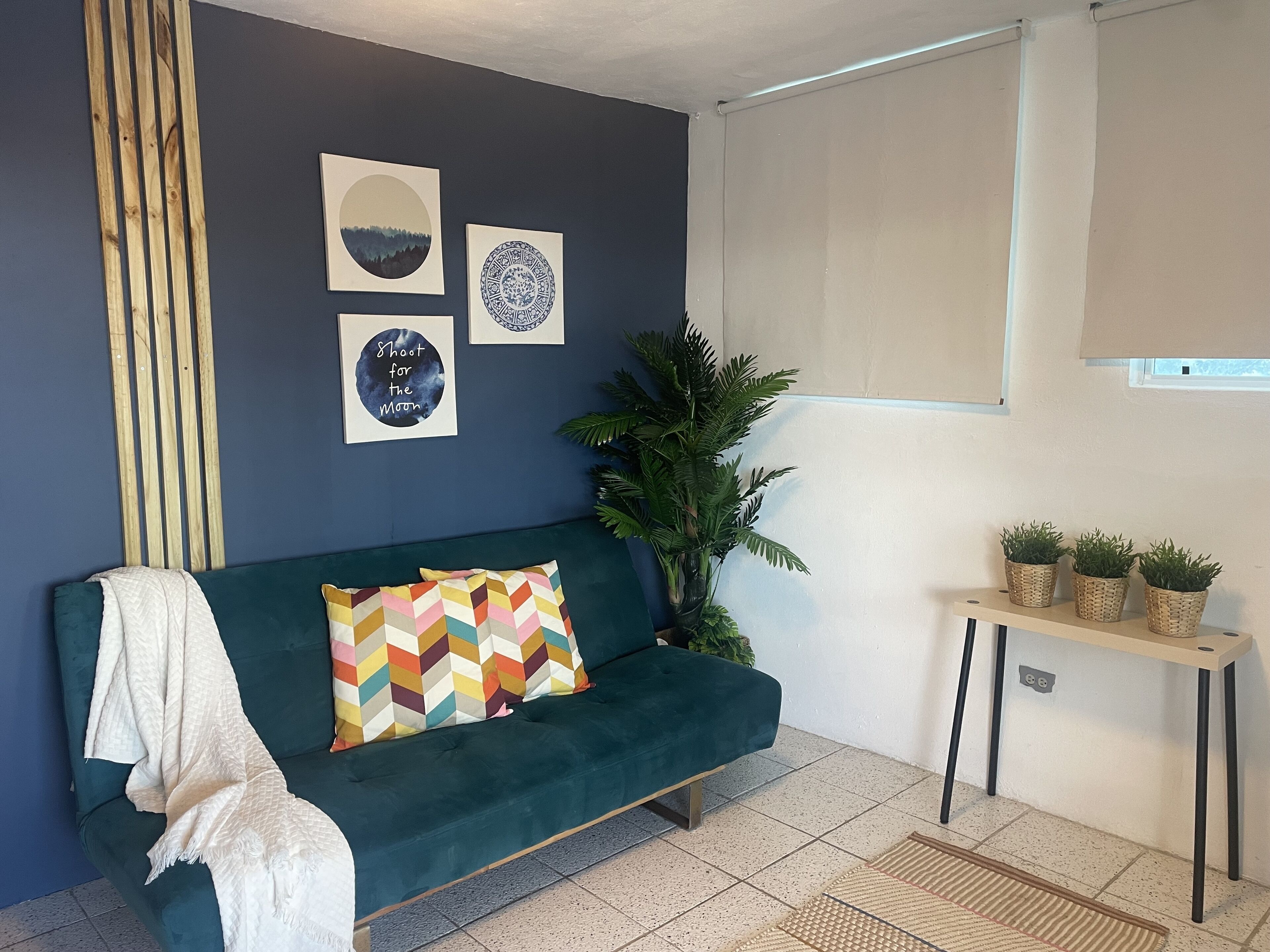 Une pièce avec un canapé bleu foncé, un plaid blanc et un coussin à motifs chevrons colorés. Au mur, on peut voir trois œuvres d’art encadrées, ainsi qu’une plante en pot et une petite table sur laquelle sont posées trois autres plantes en pot.