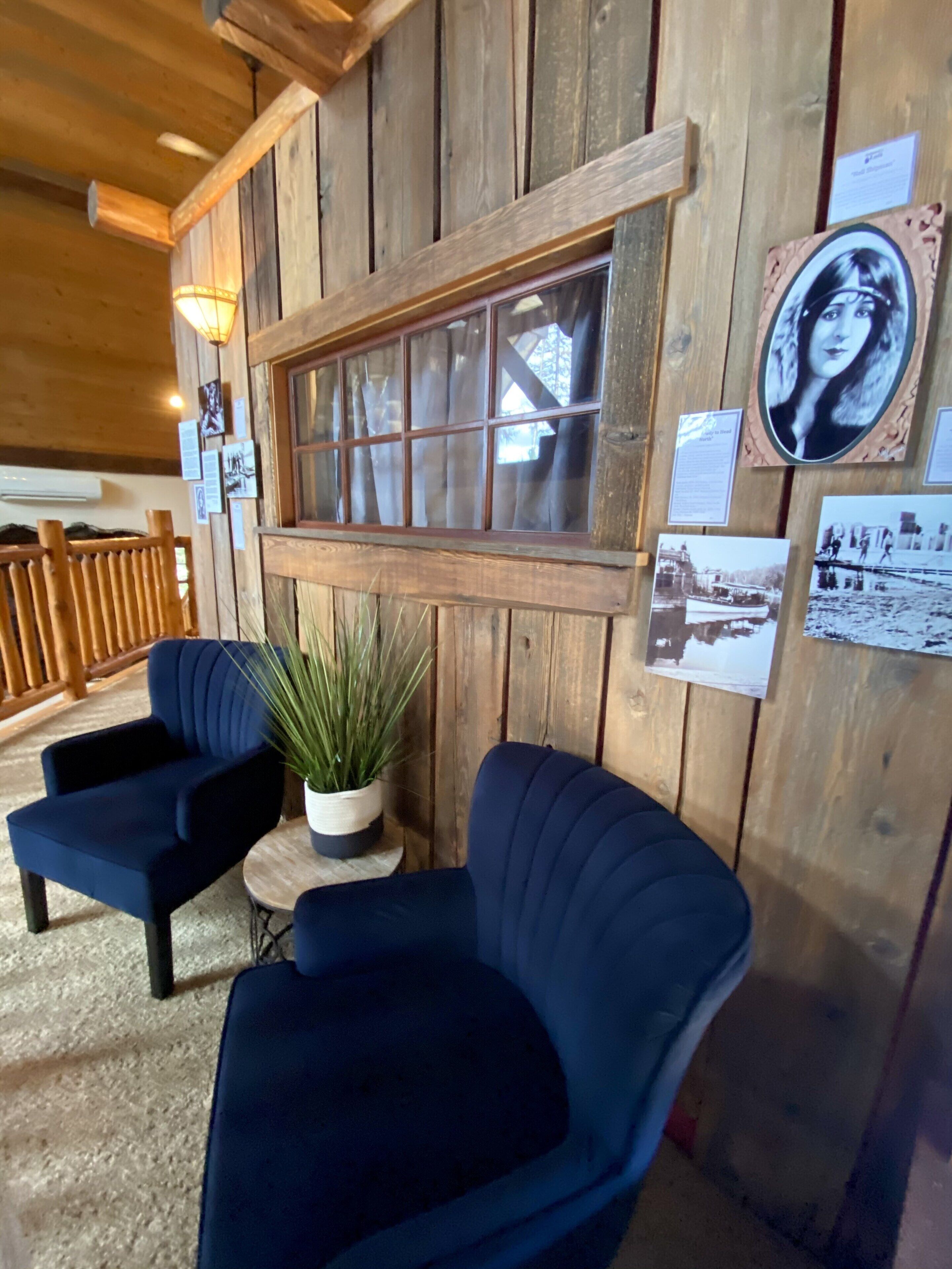 Un intérieur rustique avec des murs en bois, une grande fenêtre, deux fauteuils bleus, une petite table sur laquelle est posée une plante en pot, et plusieurs affiches d’information.