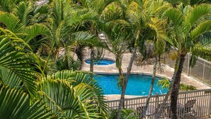 Ein Pool, umgeben von Palmen und einem weißen Zaun.