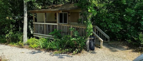 EXTERIOR:  The front of the cabin in the summer.  (Note the "Hillbilly-chic" styling. ;-)