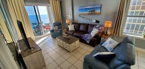 Smart TV, fireplace, books