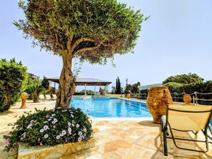 Un’area piscina con un albero, posti a sedere all'aperto e un pergolato.