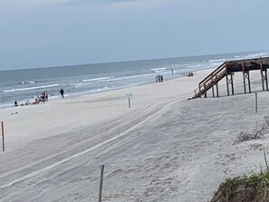 On the beach, sun loungers, beach towels