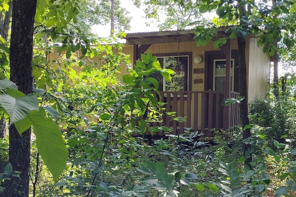 EXTERIOR:  The front of the cabin in summer.  (Note the "hillbilly chic" styling. ;-)