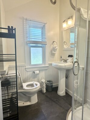 Ein Badezimmer mit Toilette, Waschbecken und Dusche.