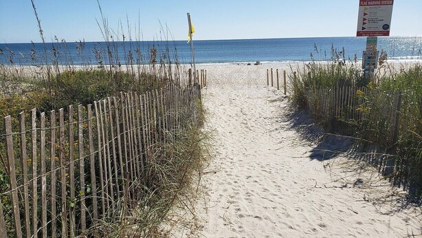 A sandy beach path leading to the ocean, flanked by wooden fences and vegetation.