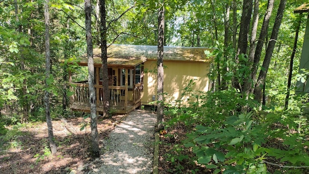 A wooden cabin with a porch, surrounded by dense forest. - NEW!  Village of Hope - All 6 Cabins (Ava)